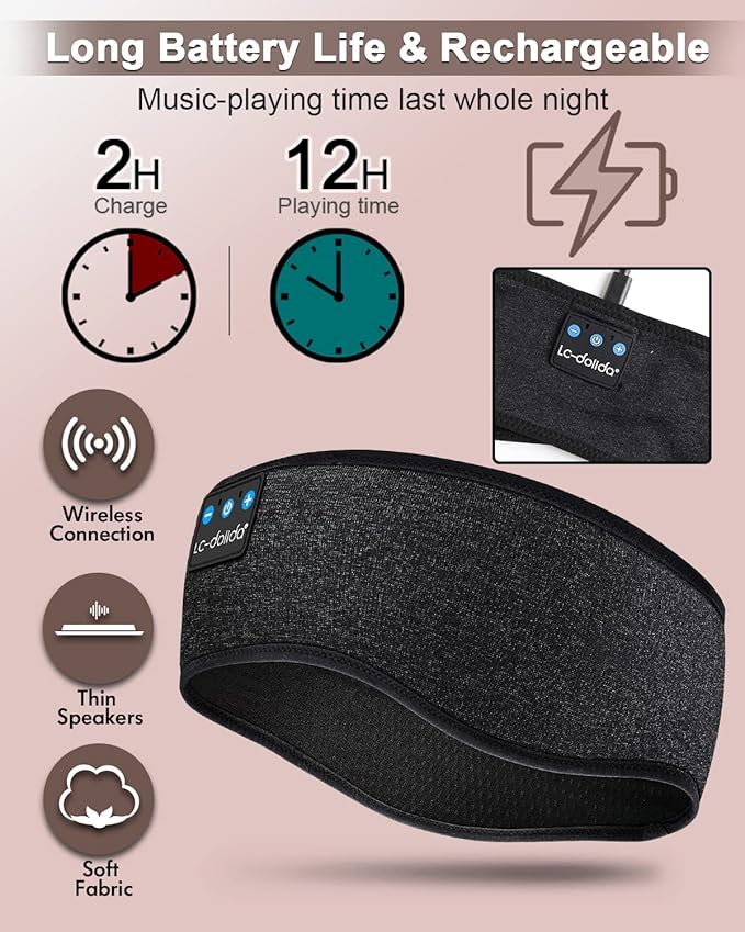 LC-dolida Headphones Headband Bluetooth Sleep Headphones for sleeping Music Band Cozy Sleep Mask Headphones with Thin HD Stereo Speakers Perfect for Side Sleepers,Sport,Travel Best Gifts for Men Women