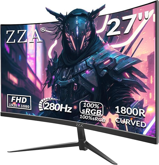 ZZA 27" Curved Gaming Monitor，Up to 280Hz, Full HD 1920x1080, Three Narrow bezels，FreeSync Premium - Ultimate Gaming Experience(No Speakers)