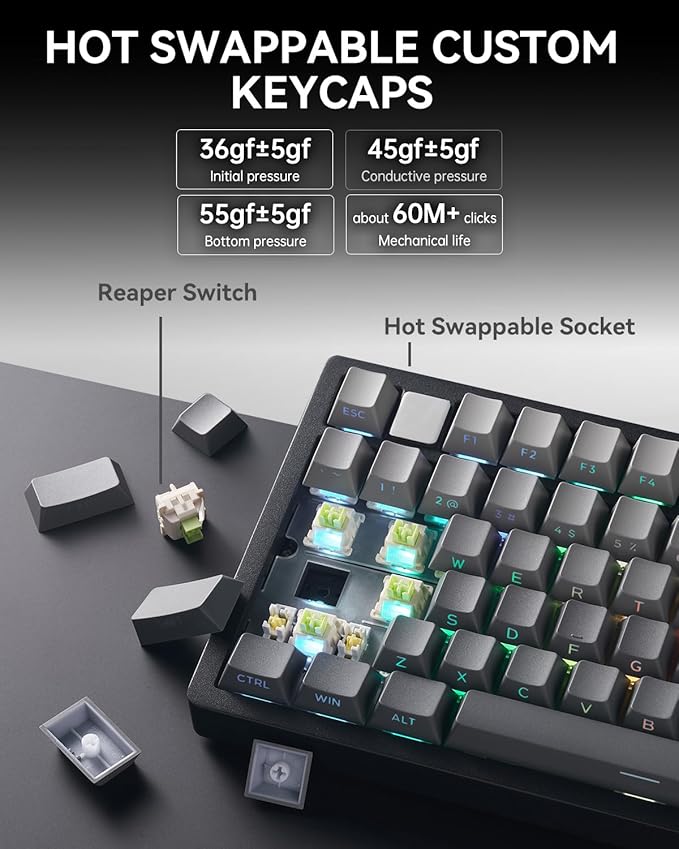 HI75C Pro Mechanical Keyboard, 75% Hot Swappable Gaming Keyboard with Five-Layer Knob, Bluetooth/2.4GHz/USB-C Wireless Keyboards for Windows/MAC/iOS/Android - Reaper Switch, Grey