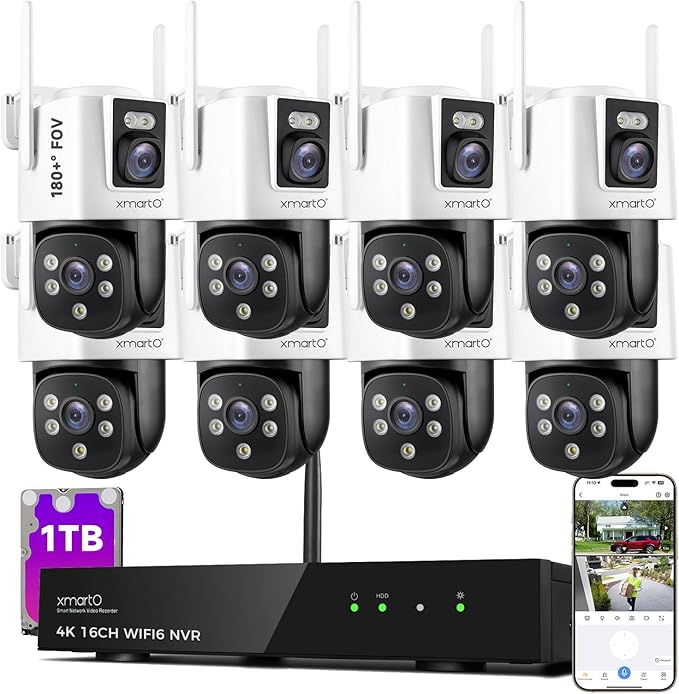 [2-in-1 CAM] XMARTO 16CH Security Camera System Outdoor Wireless, 8pcs 2-in-1 Cameras, 16CH 4K Long Range WiFi 6 Surveillance DVR NVR Kit, Pan Tilt Zoom 4MP QHD Home CCTV Camera Set w. 1TB Hard Disk