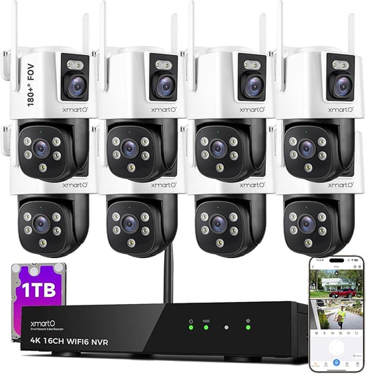 [2-in-1 CAM] XMARTO 16CH Security Camera System Outdoor Wireless, 8pcs 2-in-1 Cameras, 16CH 4K Long Range WiFi 6 Surveillance DVR NVR Kit, Pan Tilt Zoom 4MP QHD Home CCTV Camera Set w. 1TB Hard Disk