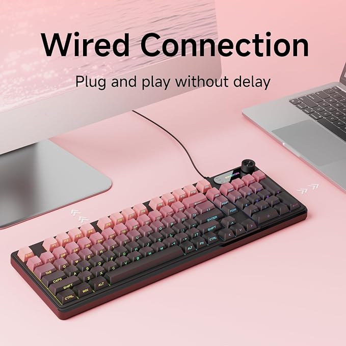V102 Wired Keyboard, 98 Keys Creamy Gaming Keyboard with Number Pad, Display Screen & Media Knob RGB Silent Wired Cute Computer Keyboard for Laptop PC Gamer-Black Pink