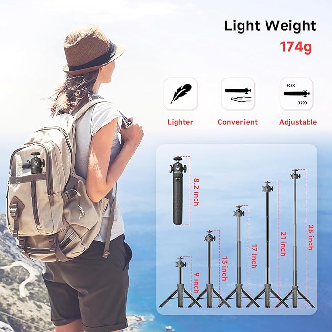 Extendable Mini Camera Tripod with 360° Ball Head, 4 Levels Adjustment Cold Shoe Metal Table Tripod, Lightweight Portable Travel Selfie Stick with 1/4 Inch Screw for DSLR Action Camera