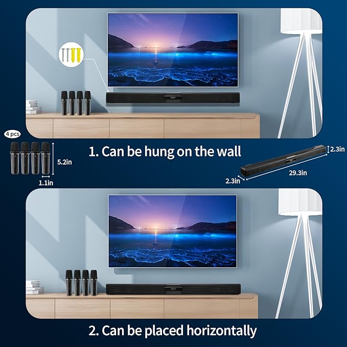 TV Soundbar Speaker with Bluetooth/AUX/USB/TF/Coaxial, Sound Bar for Smart TV with 4 Wireless Microphones, Surround Sound System for TV (Full Black, 4mic)