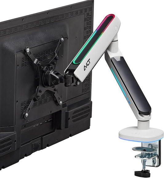 AVLT Single 27”-45” RGB Gaming Monitor Arm Desk Mount Built-in 20 Lighting Modes Touch Button Control Fits Flat/Curved/Ultrawide Screens Height Swivel Tilt Rotation Adjustable Stand -White