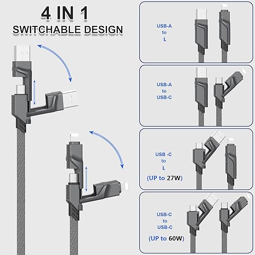 4-in-1 USB C Cable for Lightning Cable [60W Fast Charging], 2Pack (3FT+6FT) Flat Braided USB C to USB C Charger Cord with L/Type C/USB A Multi Ports for iPhone/Samsung Galaxy/i-Pad/Mac Book