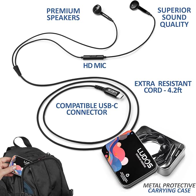 LUDOS FEROX USB C Headphones for iPhone 17 16 15 Pro Max Plus Air iPad Pro, 5 Years Warranty, USB-C Earbuds for Samsung Galaxy S24 S23 Ultra S22 S21 FE S20 Z Flip 3 Fold 4 A53, USB Type C Earphones