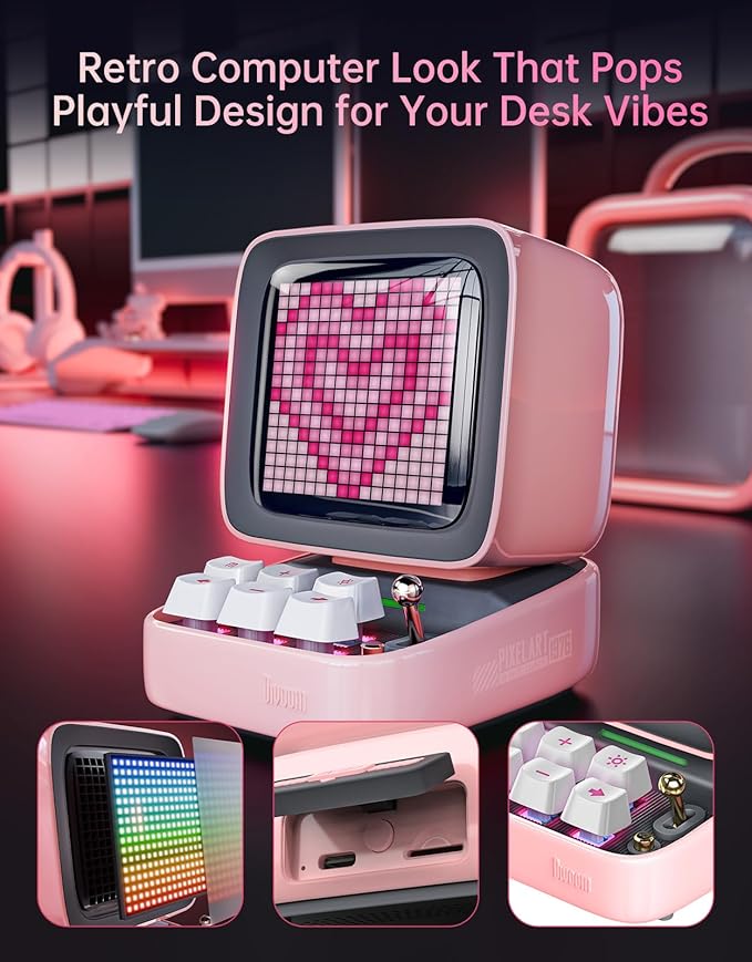 Divoom Ditoo Retro Pixel Art Game Bluetooth Speaker with 16X16 LED App Controlled Front Screen (Pink)