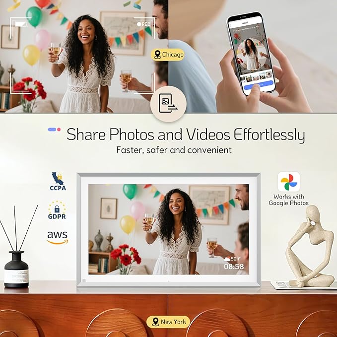 NexFoto 15.6 Inch Touchscreen Digital Picture Frame 64GB, FHD IPS WiFi Digital Photo Frame, Add Photos from Google Photos, Upload Videos via App/USB, Gifts for Newlywed, Wedding, Housewarming, Silver