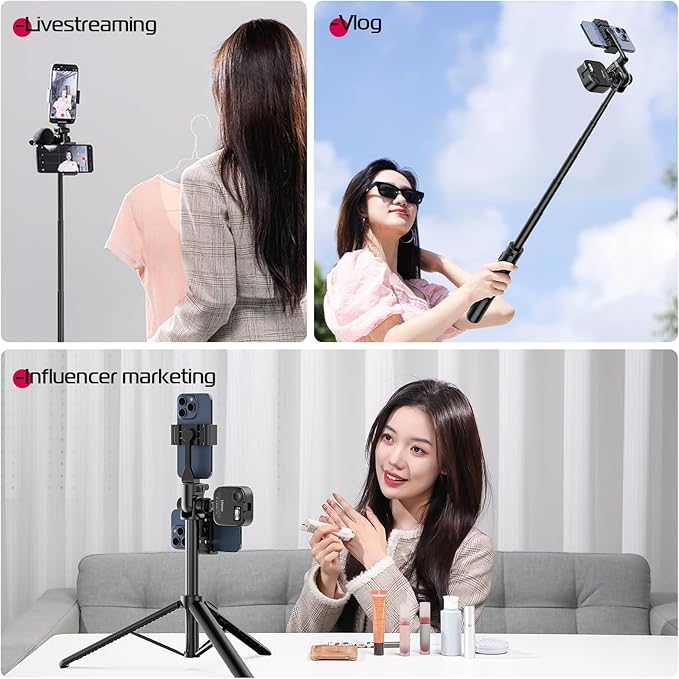 ULANZI MT-70 Extendable Tripod, 63" Selfie Stick Vlog Tripod Stand with 2 Phone Clips as Teleprompter, 360° Rotate Camera Holder for iPhone, Sony, Canon, DJI Osmo Nano, Lightweight for Travel, Black