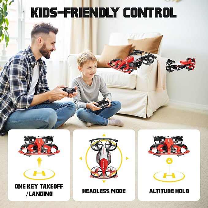 Drones for Kids 8-12, Mini Indoor Drone with 24 Piece Track Set, 2 in 1 RC Quadcopter & Flying Car Toys for Age 10-14 Boys with Jump Fly, Land Mode, Railcar Race,360 Flips,2 Batteries,Altitude Hold