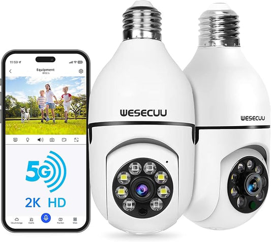 WESECUU Light Bulb Security Camera -5G& 2.4GHz WiFi 2K Security Cameras Wireless Outdoor Motion Detection and Alarm,Two-Way Talk,Color Night Vision,Human Detection, Bulb Camera Compatible with Alexa