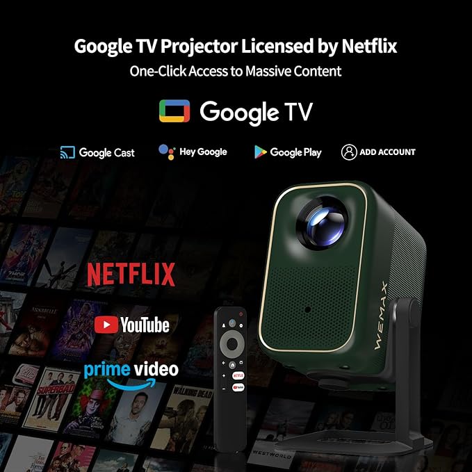 WEMAX Projector, Google TV Projector with Licensed Netflix, 320 ISO Lumens, 4K Support Smart Movie Projector with Adjustable Stand, Native 1080P with WiFi and Bluetooth Home Theater Projector