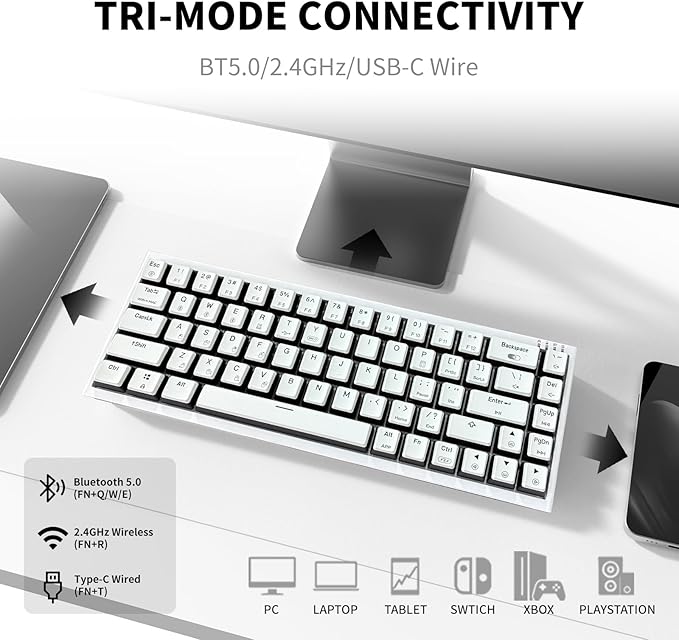 Hexgears X1 Pro Wireless Mechanica Keyboard, Hot-swappable Tactile Switch Gaming Keyboard Bluetooth/2.4G/USB-C Mini Compact with Wrist Rest - White