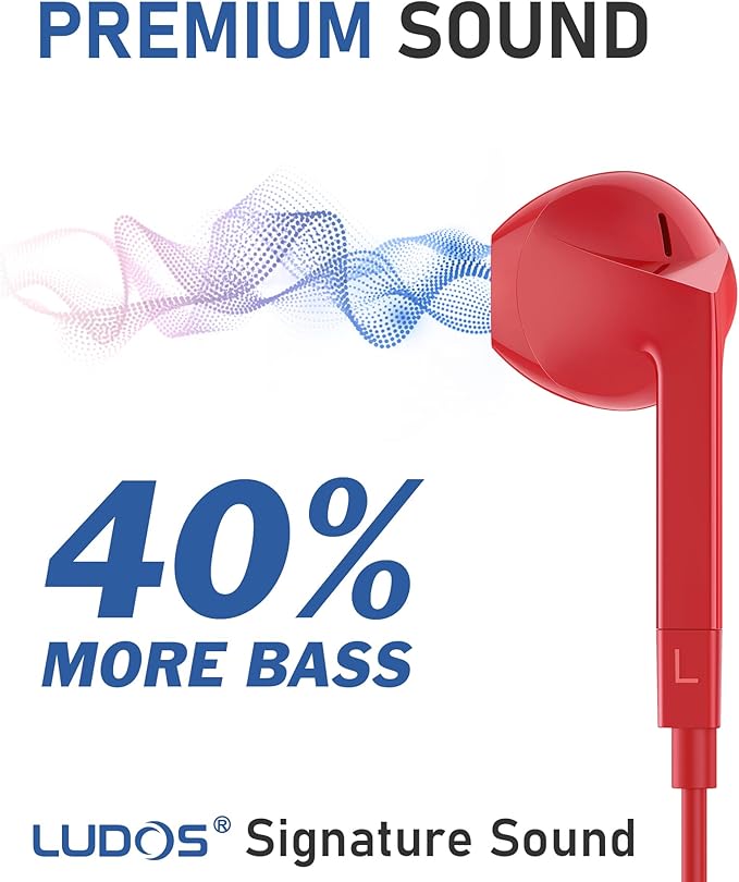 LUDOS FEROX USB C Headphones for iPhone 16 15 Pro Max Plus iPad Pro, 5 Years Warranty, USB-C Earbuds for Samsung Galaxy S24 S23 Ultra S22 S21 S20 A55 A54 A53, USB Type C Earphones - Red