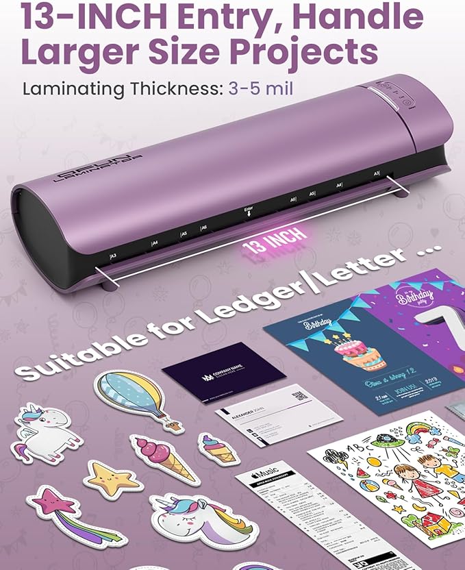 Office Presentation Laminator Machine 11x17 with Laminating Sheet A3/A4/A5, 3/5 Mil Thermal Cold Laminating Machine 13 inch Wide, 60s Warm-Up Lamination Machine, Personal Laminate Machine (Purple)