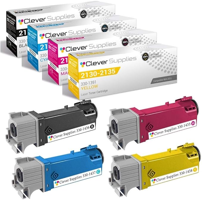 CS Replacement Toner Cartridge Compatible with Dell 2130 330-1436 Black 330-1437 Cyan 330-1433 Magenta 330-1438 Yellow Color Laser 2130cn Color Laser 2135cn 4 Color Set