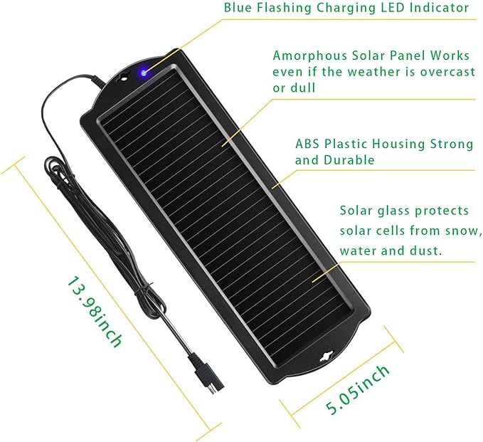 Sunway Solar Car Battery Trickle Charger & Maintainer 12V Solar Panel Power Battery Charger With Cigarette Lighter Plug Battery Clamp For Car Automotive Motorcycle Boat Marine Snowmobile Watercraft RV