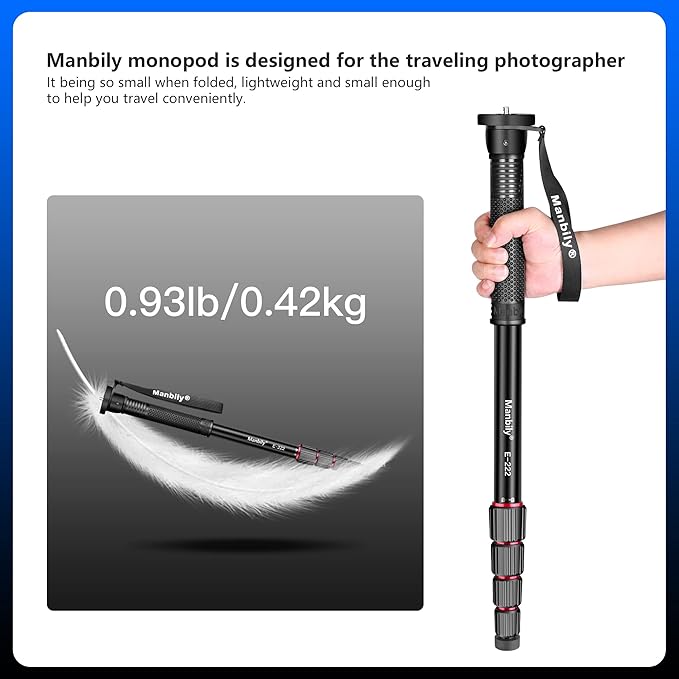 Manbily 65-Inch Camera Monopod, 5 Sections Aluminum Travel Monopod for Canon Nikon Sony DSLR Cameras Video Camcorder, Compact Portable Lightweight（E-222） (Red)
