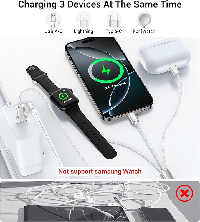 Temdan for Travel Vacation Essentials,3 in 2 USB C Cable for Apple Watch Charger/iPhone 17 Charger/Lightning,Multi Charging Cable Cord,Camping Essentials,Designed for iWatch &iPhone 16-12-4FT White