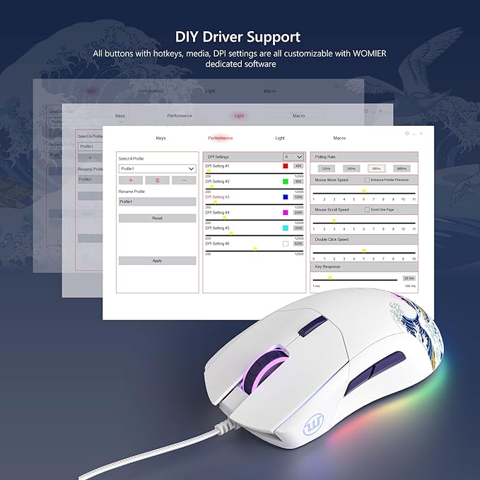 Womier Wired Gaming Mouse, White RGB Anime Mouse w/Ergonomic Computer 12000DPI/6 Programmable Buttons Programmable Buttons for Laptop PC Mac Windows-G705 V2 Kanagawa