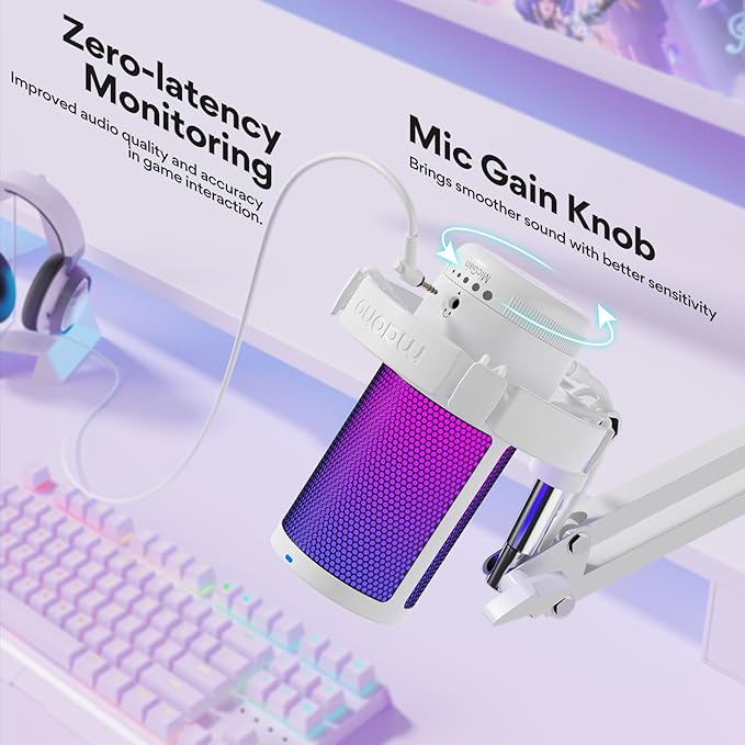 MAONO USB Gaming Microphone with Noise Cancellation, Computer PC Mic with Boom Arm, RGB Light, Mute, Gain, Monitoring Streaming Mic for Podcast, YouTube, Twitch, Discord, PS5/4, GamerWave DGM20S