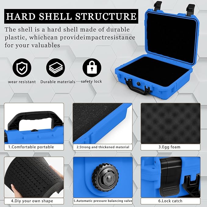 16.3 x 12.4 x 6.5 Inch Waterproof Hard Case with DIY Customizable Foam Insert Portable Protective Case with Knife for Camera Drones Equipments Tools Test Instruments (Blue)