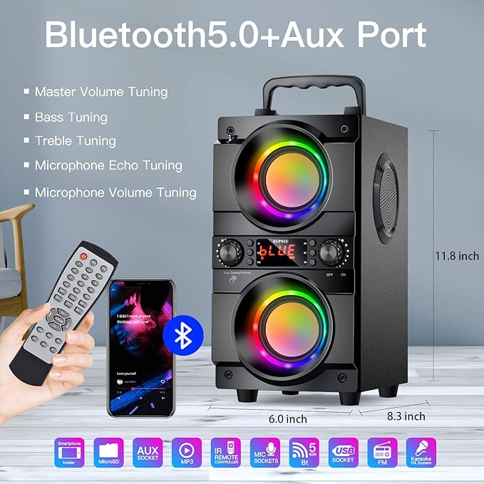 60W (80W Peak) Portable Bluetooth Speaker with Double Subwoofer Heavy Bass, Bluetooth 5.0 Wireless 100ft Outdoor Speaker, Support FM Radio, LED Colorful Lights, Stereo Sound, for Home, Party, Travel