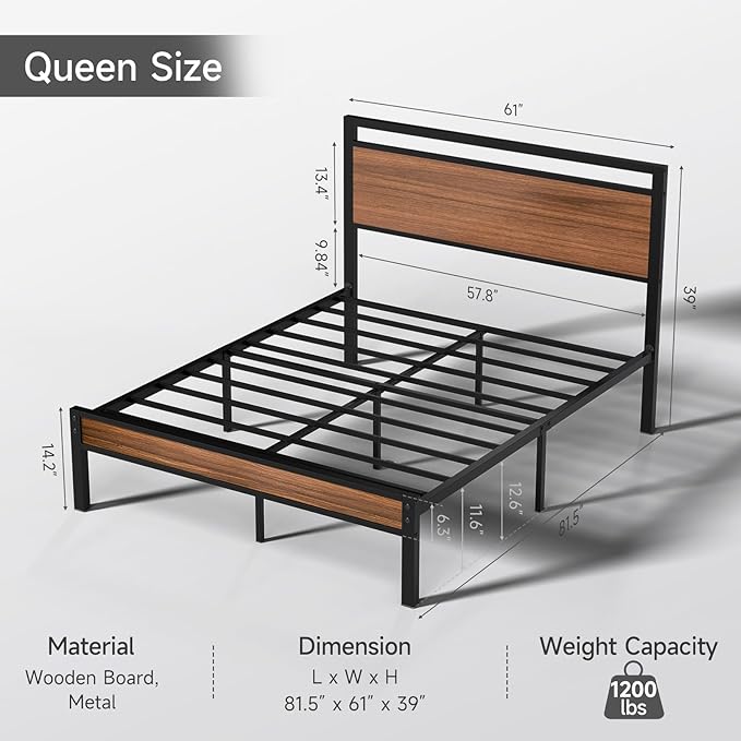 Z-hom Queen Bed Frame with Modern Wood Headboard & Footboard, Upgraded Heavy Duty Metal Sturdy Bed Frame Queen Size, Stable Platform Bed Furniture Bed Storage, No Noise, No Box Springs,Walnut