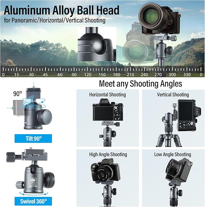 SIRUI Compact Mini Desktop Tripod, 20" Aluminum Portable Small Tabletop Tripod Stand with 360° Ball Head for DSLR, Camera, Phone, Loaded up to 17.64lbs, Phone Holder Included, AM-TT50