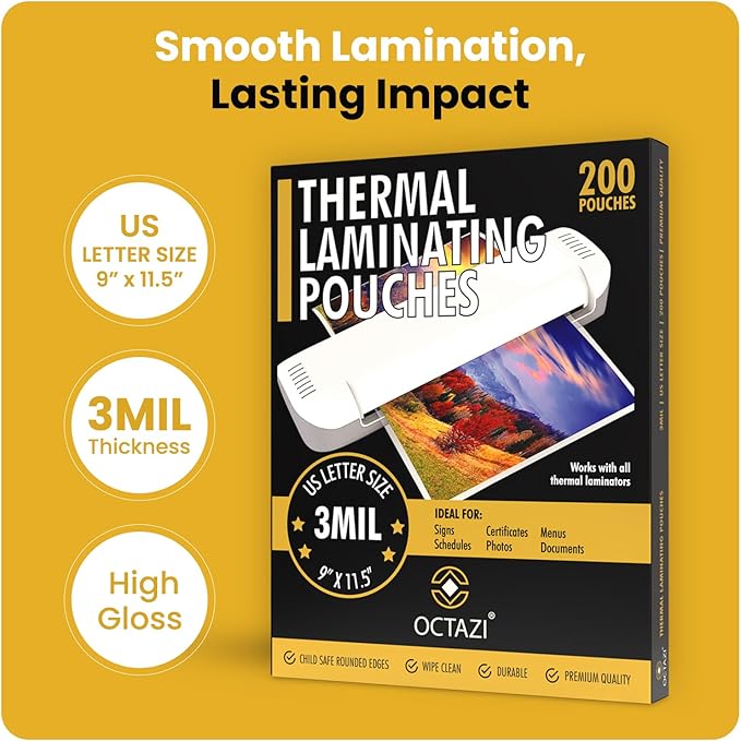 Thermal Laminating Pouches 3MIL – 200 Pack, 9 x 11.5 Inches – Glossy, Photo-Safe, Waterproof, Compatible with All Thermal Laminators – Letter Size Sheets for Documents, Photos, Menus & More.