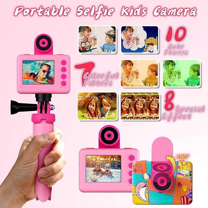 Kids Camera, Waterproof Kids Digital Camera, Children Selfie Camera with 180°Flip Len, 20MP 1080P Sports Action Toy Underwater Camera for Pool Helmet, Birthday Gifts for Boys Girls Age 3-12