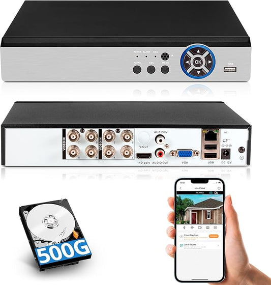 8 Channel Security DVR Recorder,5MP 8CH Surveillance Video Recorder for Security Camera,5MP Hybrid 6-in-1 Camera DVR AHD/TVI/XVI/CVI/CVBS/IP with Human Detection,24/7 Recording(with 500GB Hard Drive)