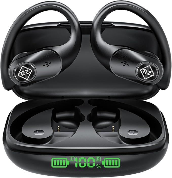 Wireless Earbuds Bluetooth Headphones 96H Playtime LED Display Waterproof Built in Mic Deep Bass Sound Secure Over Ear buds Earhooks for iPhone Android Samsung Cell Phones Sport Running Workout Gaming