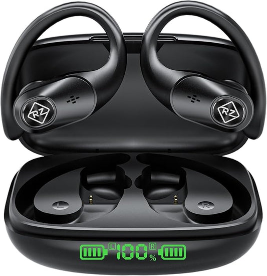 Wireless Earbuds Bluetooth Headphones 96H Playtime LED Display Waterproof Built in Mic Deep Bass Sound Secure Over Ear buds Earhooks for iPhone Android Samsung Cell Phones Sport Running Workout Gaming