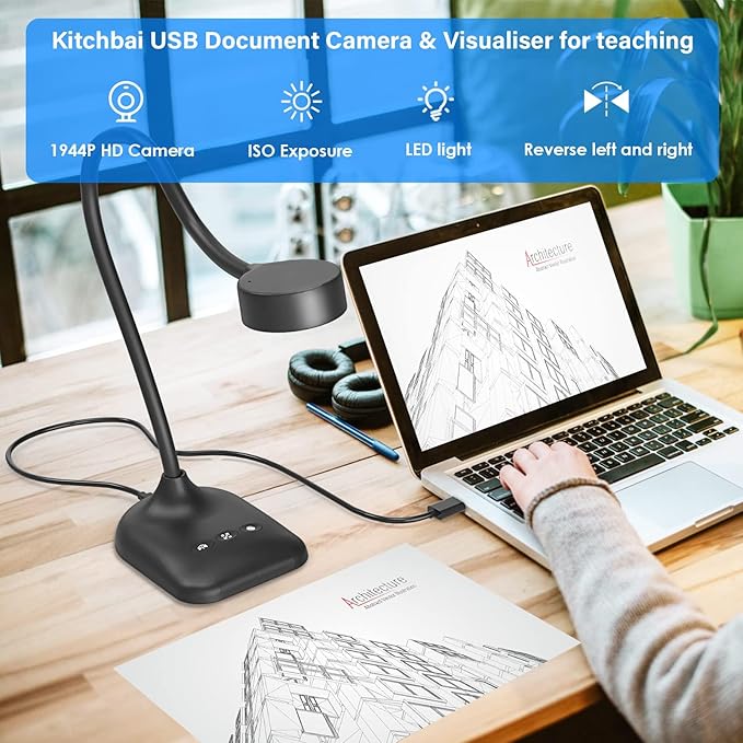 Document Camera for Teachers, Webcam and Overhead Camera for Classroom with Mic, LED Lights, Image Invert, Fold for Mac OS, Windows, Zoom, OBS Work with Distance Learning/Teaching, Live Demo