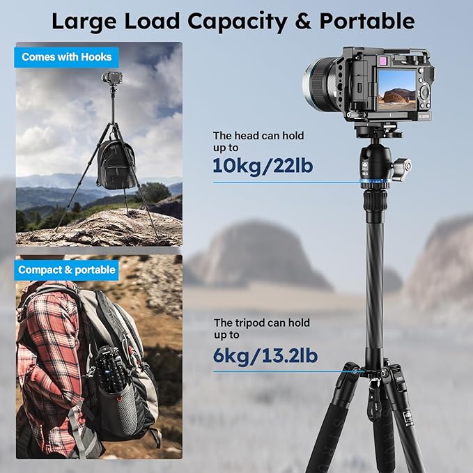 SIRUI Carbon Fiber Travel Tripod - Lightweight 55.1" Compact Tripod with 360° Panorama Ball Head, Quick Release Plate (AM-025K+KS-5)