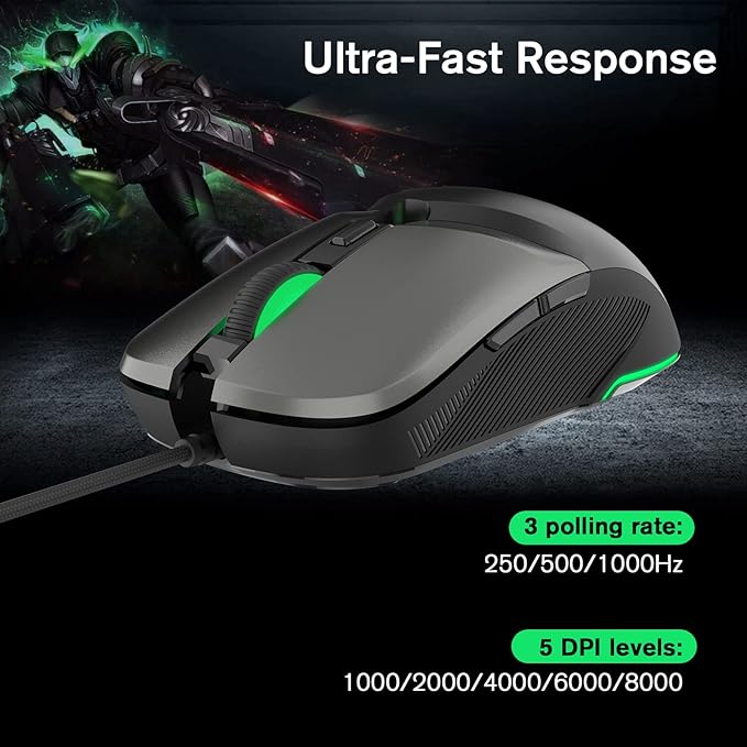 RaceGT Wired Gaming Mouse, USB Optical Computer Mice with High-Precision Adjustable up to 8000 DPI, Ergonomic Computer USB Mouse with RGB Backlit for Windows/PC/Mac/Laptop