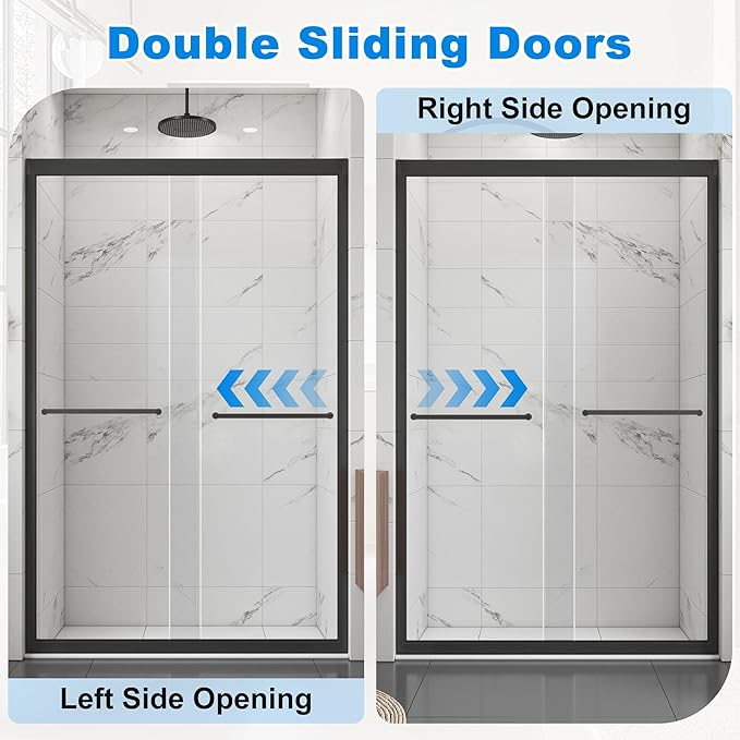 44-48" W x 72" H Shower Door Bathroom Double Sliding Shower Door 1/4"(6mm) Thick Tempered Clear Glass Door with Stainless Steel Handle for Walk-in Shower, Matte Black