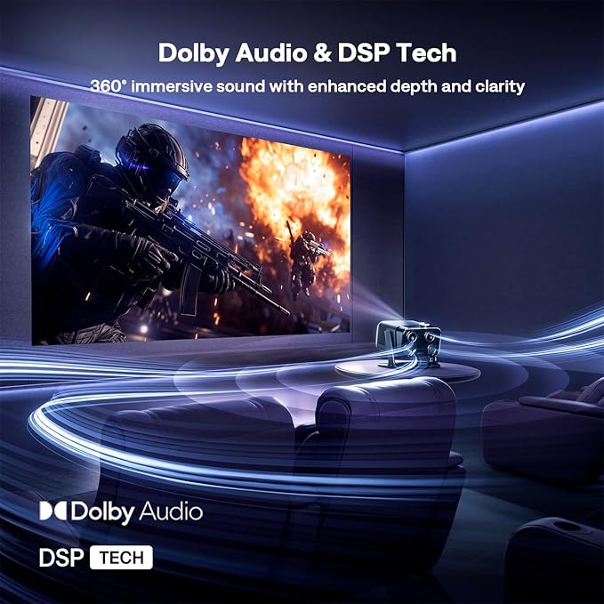 Aurzen BOOM mini Google TV 4K Supported Smart Portable Projector with WiFi and Bluetooth, Outdoor & Home Movie Projector with 20W Speakers DoIby Audio, Real-Time Focus, 500 ANSI Lumens, Black