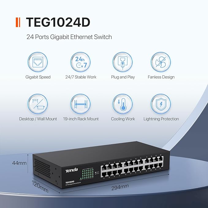 Tenda TEG1024D, 24 Port Gigabit Switch, Unmanaged Rackmount Ethernet Switch 24 Port with Traffic Optimization, Plug & Play, Fanless Quiet & Metal Design Network Switch, Limited Lifetime Protection