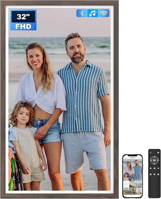 Extra Large Digital Picture Frame 32 inch, 1920x1080 FHD IPS WiFi Digital Photo Frame with Remote, 64GB Storage, Auto-Rotate, Instantly Share Photo/Video via Apps/Email, Dark Wood Pattern