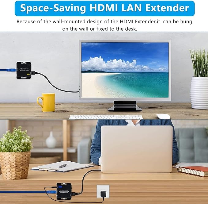 200Ft HDMI Extender Over CAT6 CAT7 RJ45 ethernet to HDMI Converter LAN Extension POC Support 1080P 3D EDID Copy Deep Color Compatible with PC PS4 Roku Unilateral Power Supply