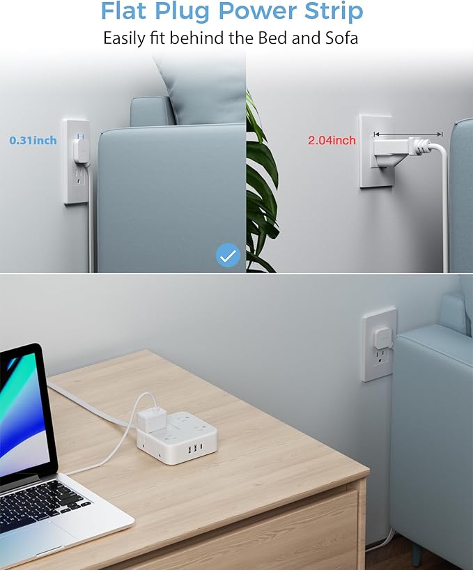 TESSAN Power Strip Surge Protector 10 Ft Cord, 8 AC Outlets, 3 USB Charger(1 USB C Port), Ultra Thin Extension Cord, Flat Plug, 900 Joules Protection, Desk Charging Station for Home, Office