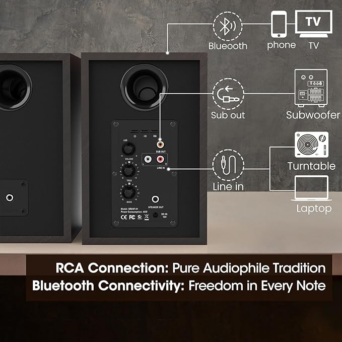 BESTISAN SR04F-01 Bookshelf Speakers with Bluetooth and Sub Out Port, Powered Stereo RCA Speakers for Turntables, Record Player, Desktop, TV, RCA Input, Pair