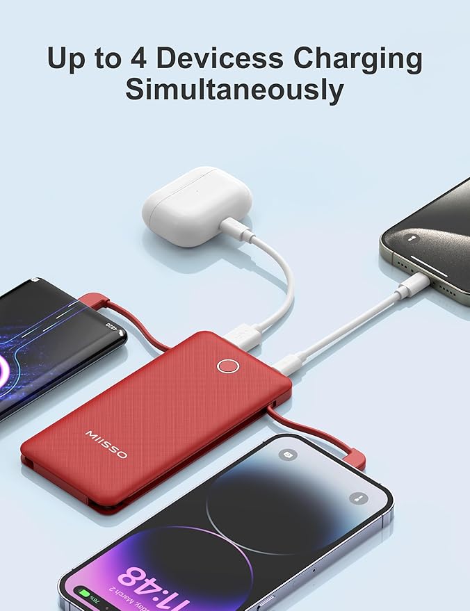 miisso 10000mah Slim Portable Charger with Built in Cable, Power Bank Travel Phone Charger External Battery Pack for Phones, 4 Output USB C Cords Clutch Charger Compatible with iPhone, Samsung, Red