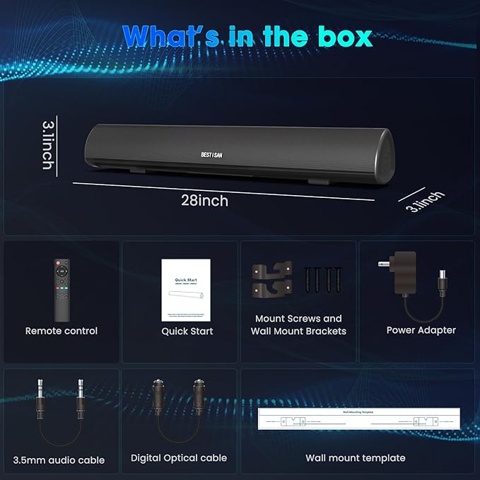 BESTISAN Soundbar, TV Sound Bar with Wired HDMI and Wireless Bluetooth 5.0 Home Theater System (28 Inch, Enhanced Bass Technology, 3-Inch Drivers, Bass Adjustable, Wall Mountable, DSP)