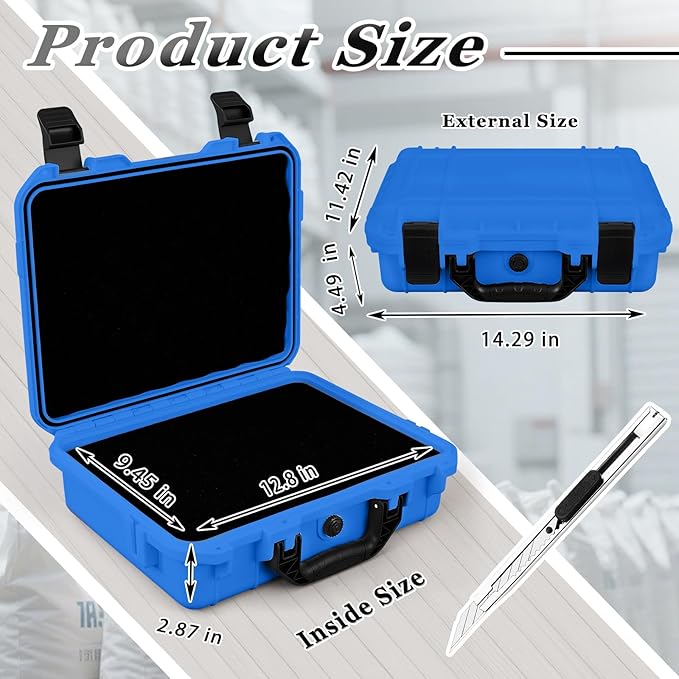 14.3 x 11.4 x 4.5 Inch Waterproof Hard Case with DIY Customizable Foam Insert Portable Protective Case with Knife for Camera Drones Equipments Tools Test Instruments (Blue)