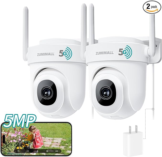 ZUMIMALL 5MP Outdoor Camera Wireless 2-Pack - 24/7 Recording Wired Power, Support 5GHz WiFi | Motion & Noise Detection, 360° PTZ Auto Tracking, Color Night Vision | IP66, Alexa Google Compatible