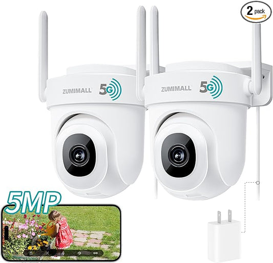 ZUMIMALL 5MP Outdoor Camera Wireless 2-Pack - 24/7 Recording Wired Power, Support 5GHz WiFi | Motion & Noise Detection, 360° PTZ Auto Tracking, Color Night Vision | IP66, Alexa Google Compatible